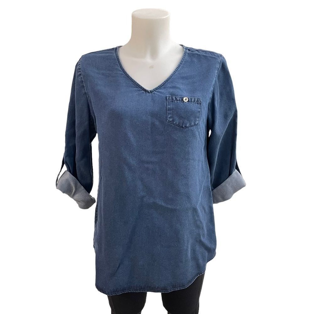 SOFT SURROUNDINGS Tencel‎ Tunic In Dark Denim V neck roll tab sleeves XS NEW!